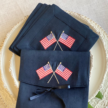 Arte Italica & Crown Designs Cloth Cocktail Napkins with Embroidered American Flag Detail - Navy