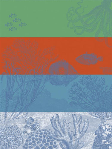 Patterned paper with marine life design on a green, orange, blue, and gray background