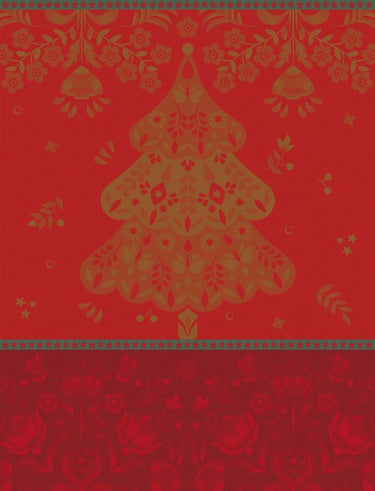 Decorative red fabric with gold tree pattern