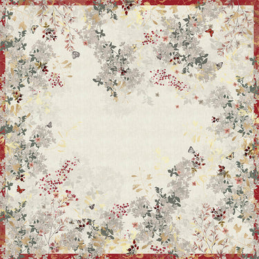 Garnier-Thiebaut ‘Vintage Flowers Cranberry’ tablecloth all-over pattern features butterflies dancing around delicate florals