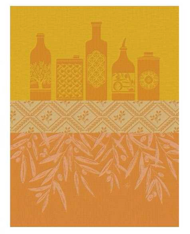 A yellow and orange tea towel with a pattern of illustrated oils and their bottles, and a woven label at the bottom for hanging.