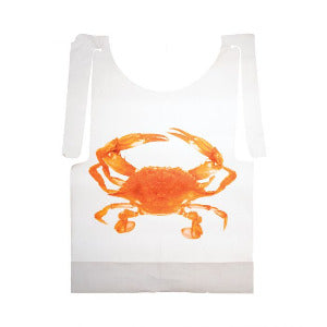 A white disposable crab bib with an orange crab printed on the front.