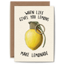 Card with a lemon-shaped grenade illustration and humorous text on a beige background.
