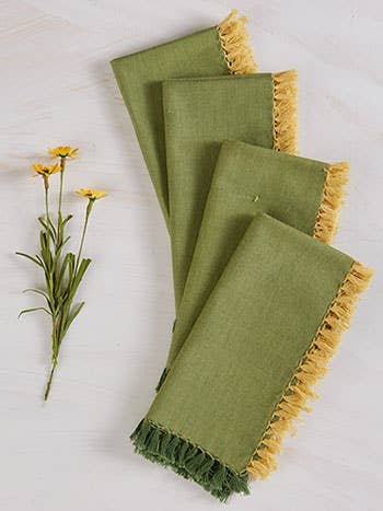 Green & Yellow Chambray Napkins with Fringe Edge by April Cornell at Welcome Home