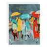 Illustration of people with colorful umbrellas and text 'I'm here for you rain or shine' on a blue background.