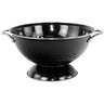 Black colander with metal handles on a white background