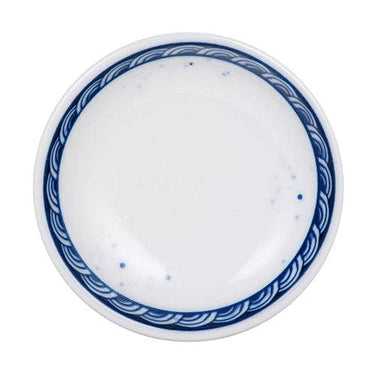 White plate with blue decorative rim on a white background