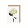 Greeting card with a large hydrangea flower illustration on a white background