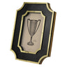 Decorative frame with a black and gold border featuring an engraved design of a trophy on a beige background.