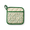 Rifle Paper Co. Artichoke pattern in green and cream on a pot holder. Pot holder has solid green trim and loop and there is a pocket on one side.
