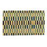 Patterned doormat with blue and yellow stripes on a white background