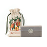 Cream sachet with peaches on the front and a bar of soap