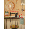 Sewing room scene with a sewing machine, scissors, and decorative elements on a beige wall.