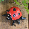 A small cast iron figurine of a ladybug with red and black colors, sitting on a wooden surface with green leaves in the background.
