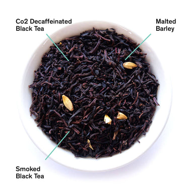  bowl of black tea with labels for Co2 Decaffeinated Black Tea, Malted Barley, and Smoked Black Tea