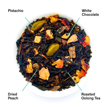 Assorted tea leaves including pistachio, white chocolate, dried peach, and roasted oolong tea on a white background.