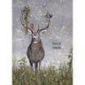 Illustration of a deer with large antlers and a bird on a textured gray background with 'HELLO THERE' text.