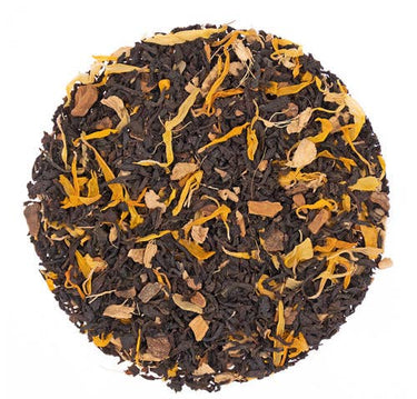 Tea leaves with orange and brown elements on a white background