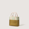 Graf Lantz Jaunt Merino Wool Mini Crossbody Tote features a mostly yellow-green wood base with a sage-green upper. Lighter leather colored handles and nickel hardware.