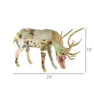 Decorative deer figurine with floral patterns and measurements on a white background