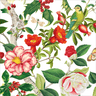 Colorful floral and bird pattern with red flowers, green leaves, and a bird on a white background.