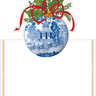 Decorative Christmas ornament with blue and white design, red ribbon, and green holly leaves on a white background.