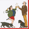 Cartoon illustration of a man and woman celebrating with drinks, surrounded by two dogs on a white background.
