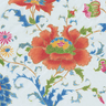 Decorative floral pattern with red flowers and blue leaves on a white background