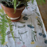 Potted plant on a table with a floral-patterned tablecloth