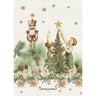 Image of a child putting a star on a tree, next to a nutcracker, on a bed of pine needles and angels. 