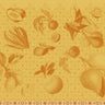A rectangular tea towel featuring the words 'LES CITRONS' at the top, with scattered citrus fruit illustrations in a muted orange-yellow  palette. The design includes a patterned border along the bottom with red, yellow, and rust red
