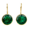 A pair of gold drop earrings with round faceted green gemstones, shown against a plain white background.