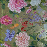 Floral pattern with pink, purple, and red flowers on a green background