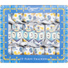 Caspari Mini Dreidel themed Holiday Party Crackers in blue gift box. The crackers are themed with dreidels and Hanukkah gelt with a blue paper dreidel appliqué in the center. The ends are tied with a silver ribbon.