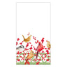 Caspari Winter Birds and Berries guest towel has a white background featuring songbirds playfully nestled amongst vivid red winter berries along a green trefoil border.