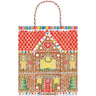 Caspari Gingerbread House Gift Bag, Small. Bag has red and white striped rope handle.