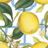 Caspari Seville Ivory Cocktail Napkin featuring lemons and a blue pattern background