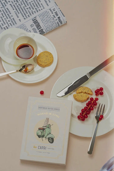 Vignette showing Makabi & Sons Shortbread - Capri - Lemon Poppyseed with packaging