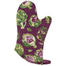 Artichoke Oven Mitt features whole and halved artichokes against a plum colored background