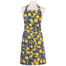 Lemons apron features yellow lemons with green leaves against a blue background.