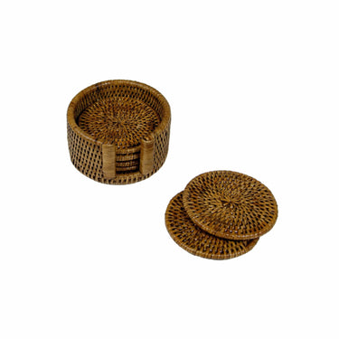 Rattan Round Coasters and Holder | Set of 6