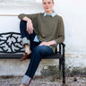 Catalina Crewneck Sweater | Jungle Stripe model has paired the top with a dark indigo denim jean and a light blue chambray shirt