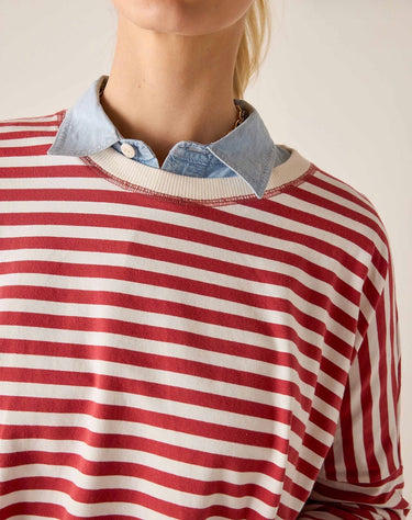 Catalina Striped Tee | Currant Model has paired this top with dark denim jeans and a lighter chambray button up