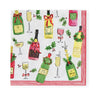 A cocktail napkin with a festive pattern featuring bottles of various drinks, glasses, and holiday decorations, bordered with red and green stripes.
