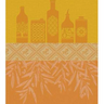 A yellow and orange tea towel with a pattern of illustrated oils and their bottles, and a woven label at the bottom for hanging.