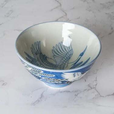 10oz Porcelain Rice Bowl Blue Japanese Crane Design