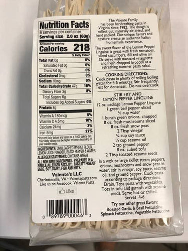 Back of a pasta package with nutrition facts and cooking directions.