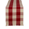 Red and beige checkered scarf with fringes on a white background
