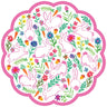 Scalloped edge round paper placemat with rabbits, carrots and spring flowers