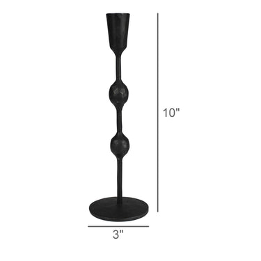 Black metal candle holder with a three-bulb stem design and round base, shown with dimension labels indicating 10 inches height and 3 inches width on a white background.